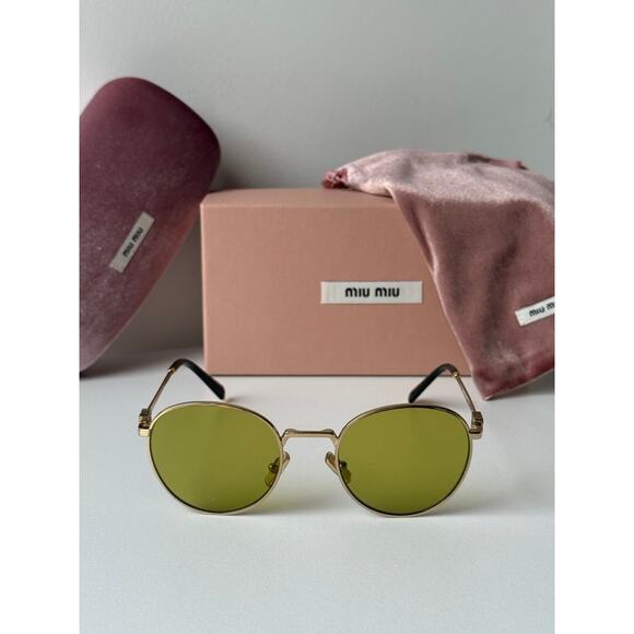 NEW Miu Miu MU55ZS Gold Green Tinted Metal Sunglasses $548